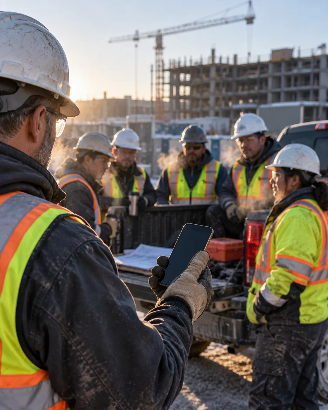 A supervisor holding a phone in a gloved hand while a crew in hard hats and high-visibility vests gathers at the tailgate of a truck on a cold morning.