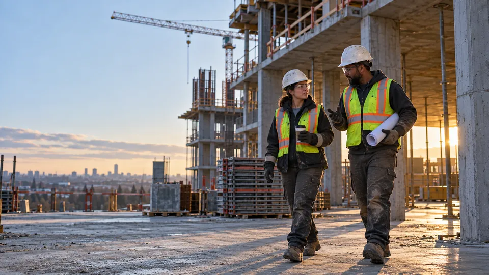 Two construction workers in hard hats, safety glasses and high-visibility vests walking across the concrete deck of a building under construction at sunrise, one carrying rolled drawings.