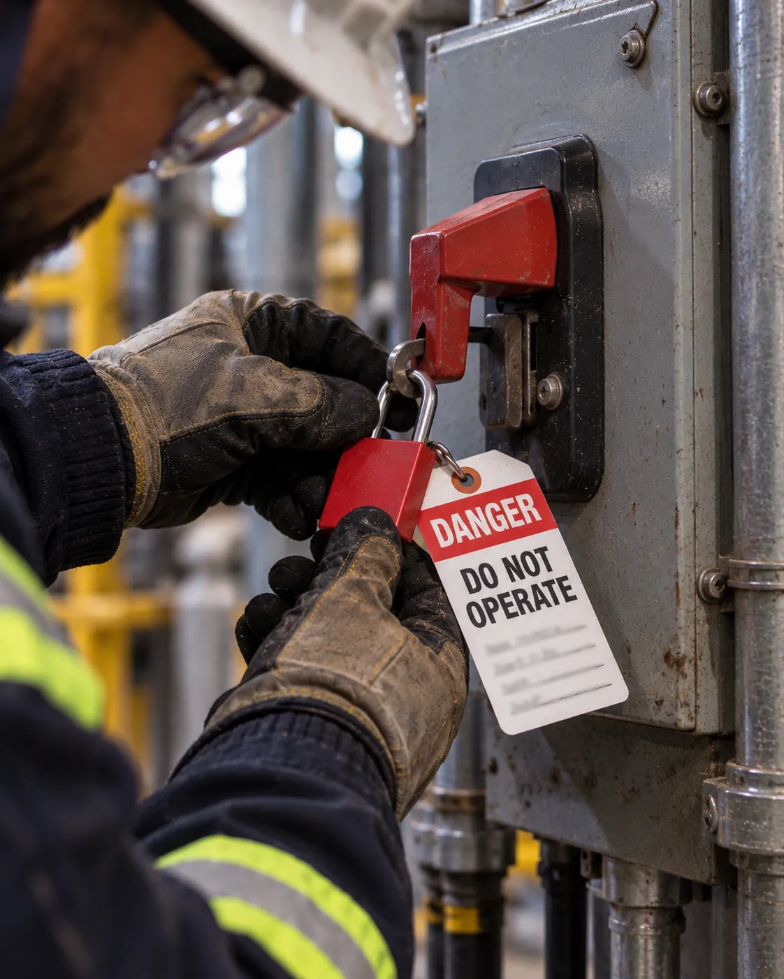 Gloved hands applying a red lockout padlock and a Danger, Do Not Operate tag to an electrical disconnect in an industrial plant.