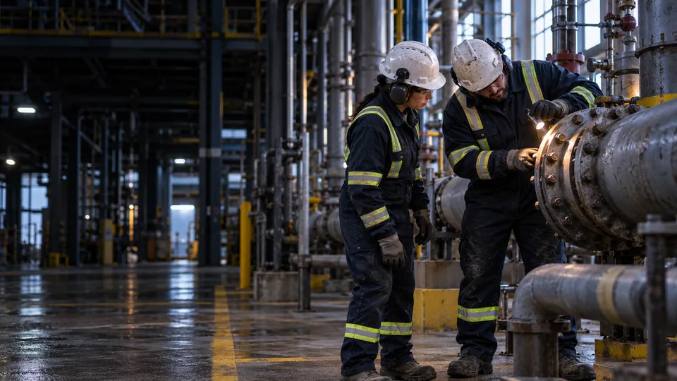 Two maintenance workers in flame-resistant coveralls, hard hats and hearing protection inspecting a bolted pipe flange with a flashlight inside an industrial plant.