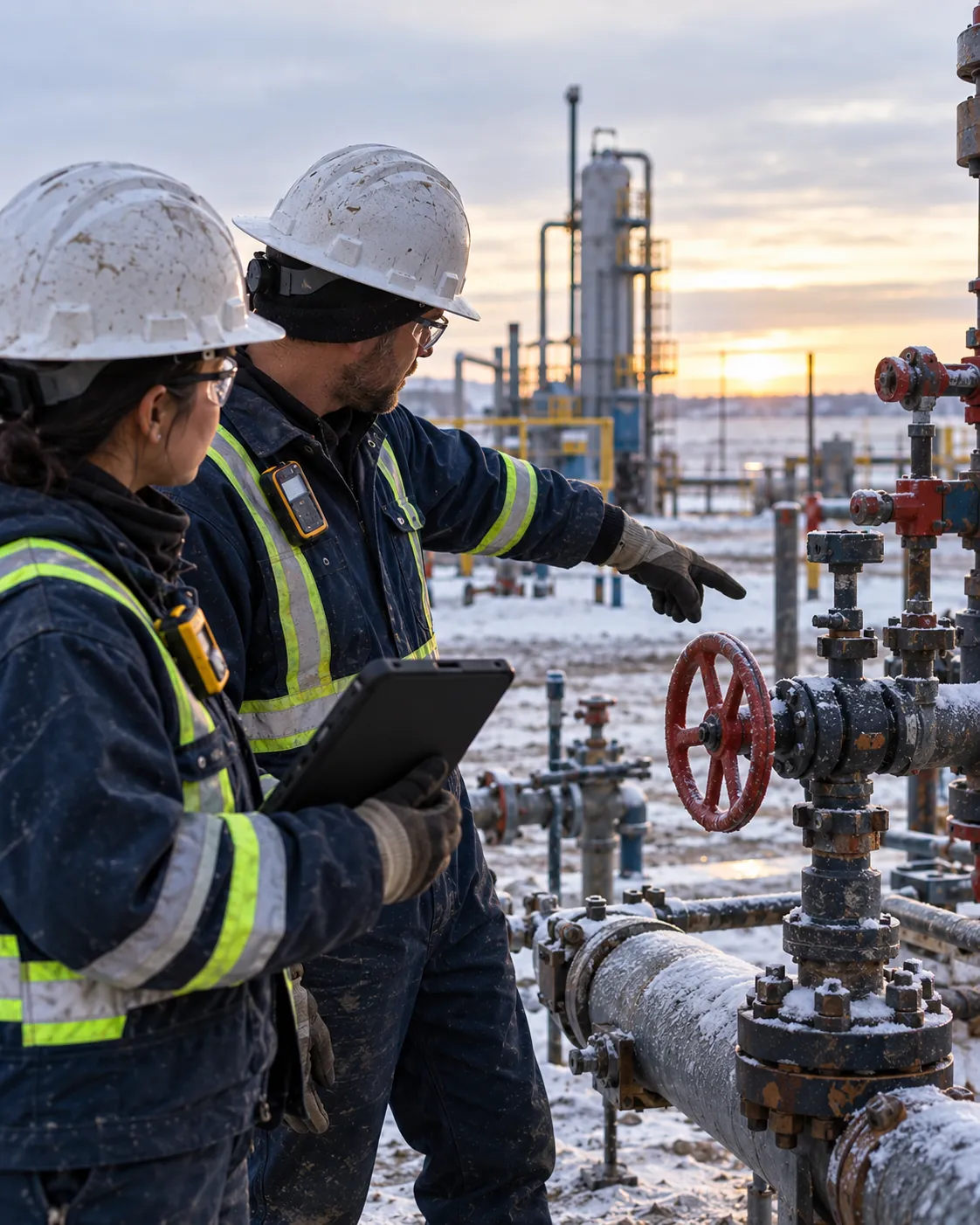 Two workers in flame-resistant coveralls, hard hats and gas monitors at a frosty wellsite, one holding a tablet while the other points to a valve.
