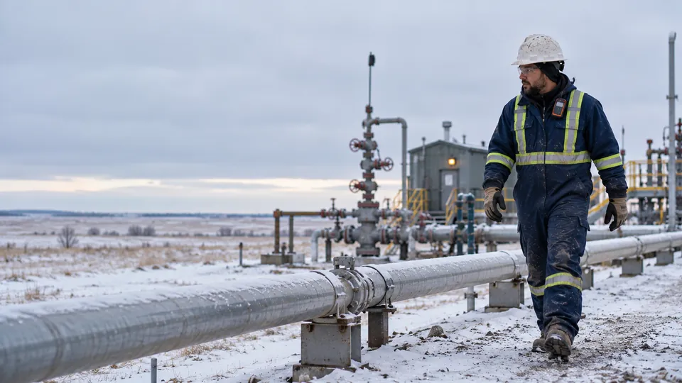 A field operator in flame-resistant coveralls, hard hat and gas monitor walking along a pipeline at a remote snowy wellsite.