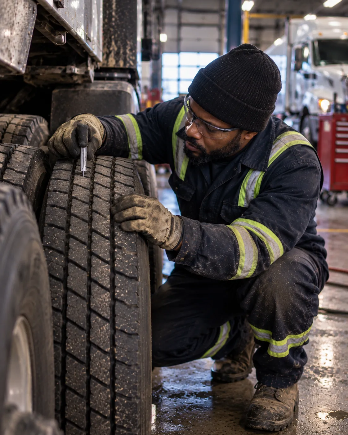 A fleet mechanic in safety glasses and coveralls measuring the tread depth of a heavy truck tire with a gauge in a shop bay.