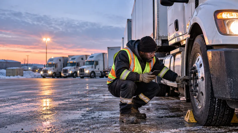 A driver in a high-visibility vest crouching beside a chocked semi-truck wheel during a pre-trip inspection in a fleet yard at dawn, phone in hand.