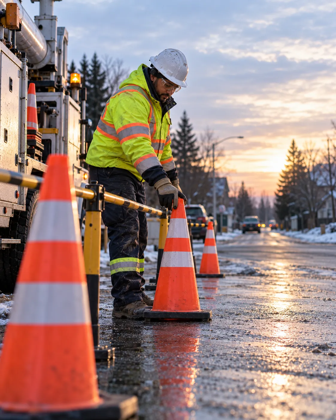A utility crew member in a high-visibility jacket and hard hat setting traffic cones beside a service truck on a wet residential street.