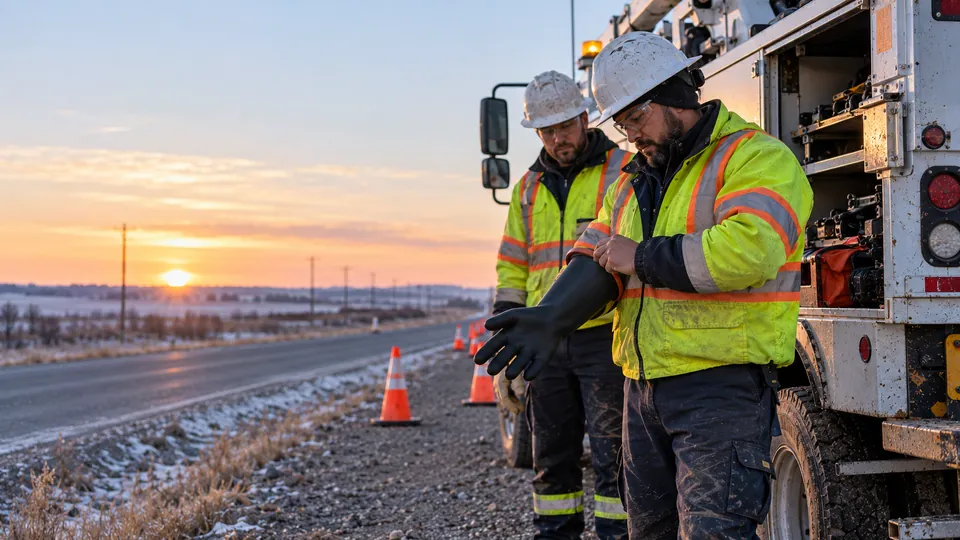Two utility workers in hard hats and high-visibility jackets beside their service truck on a rural road at sunrise, one pulling on a rubber insulating glove, with traffic cones set out.