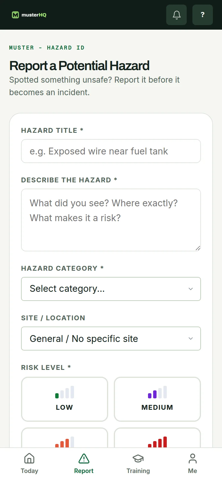 MusterHQ hazard report form on a phone with title, description, category, site and risk level.