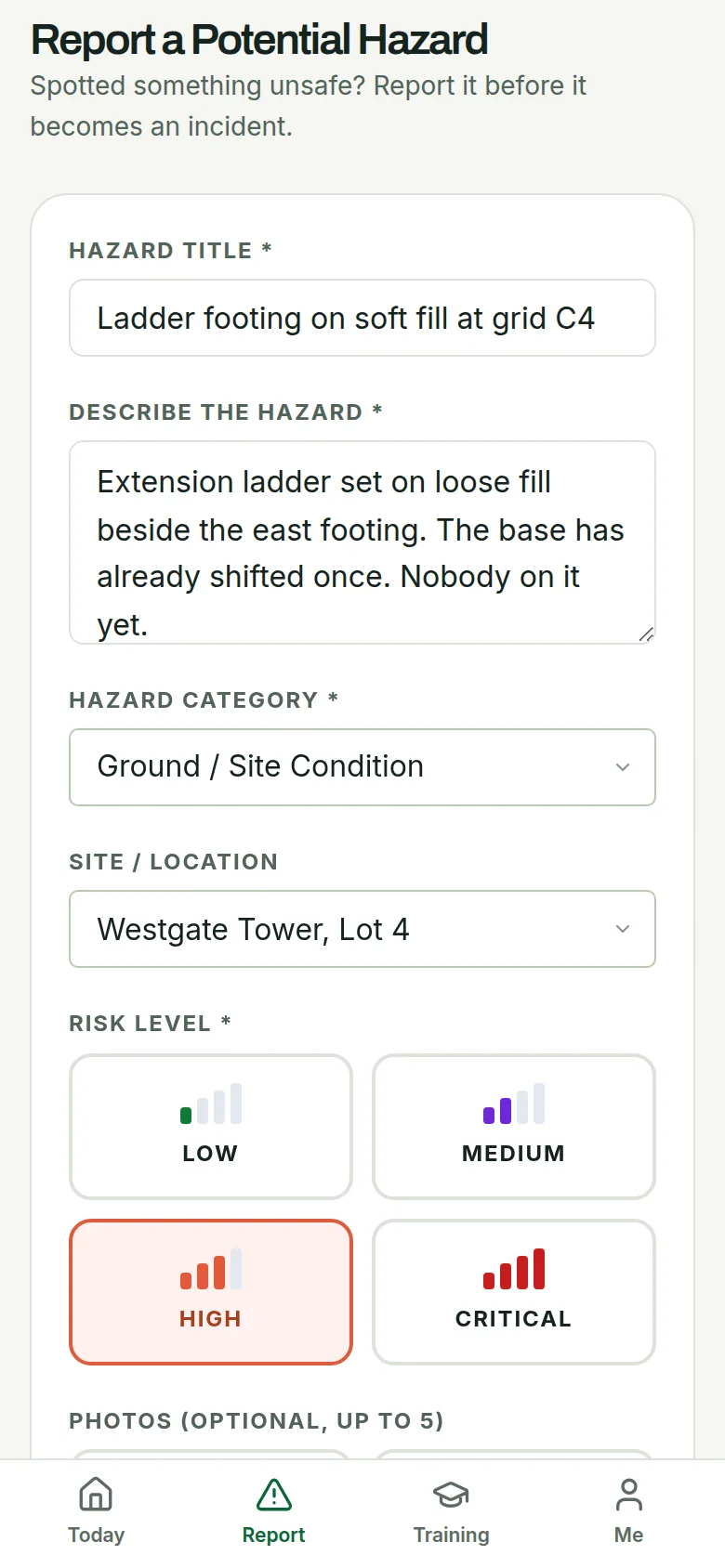 A hazard report filled in on a phone: ladder footing on soft fill, Westgate Tower, high risk