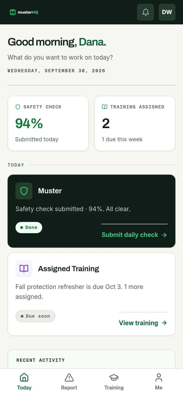 A worker's Today screen on a phone: today's safety check done at 94% and two training courses assigned