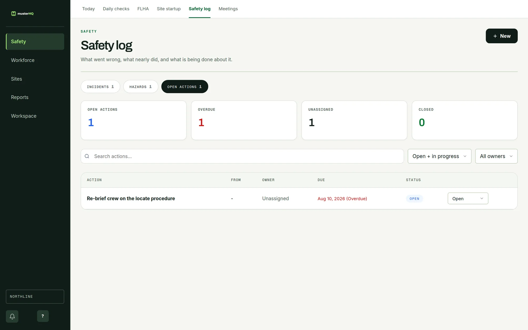 MusterHQ Safety log showing corrective actions, their owners and due dates.