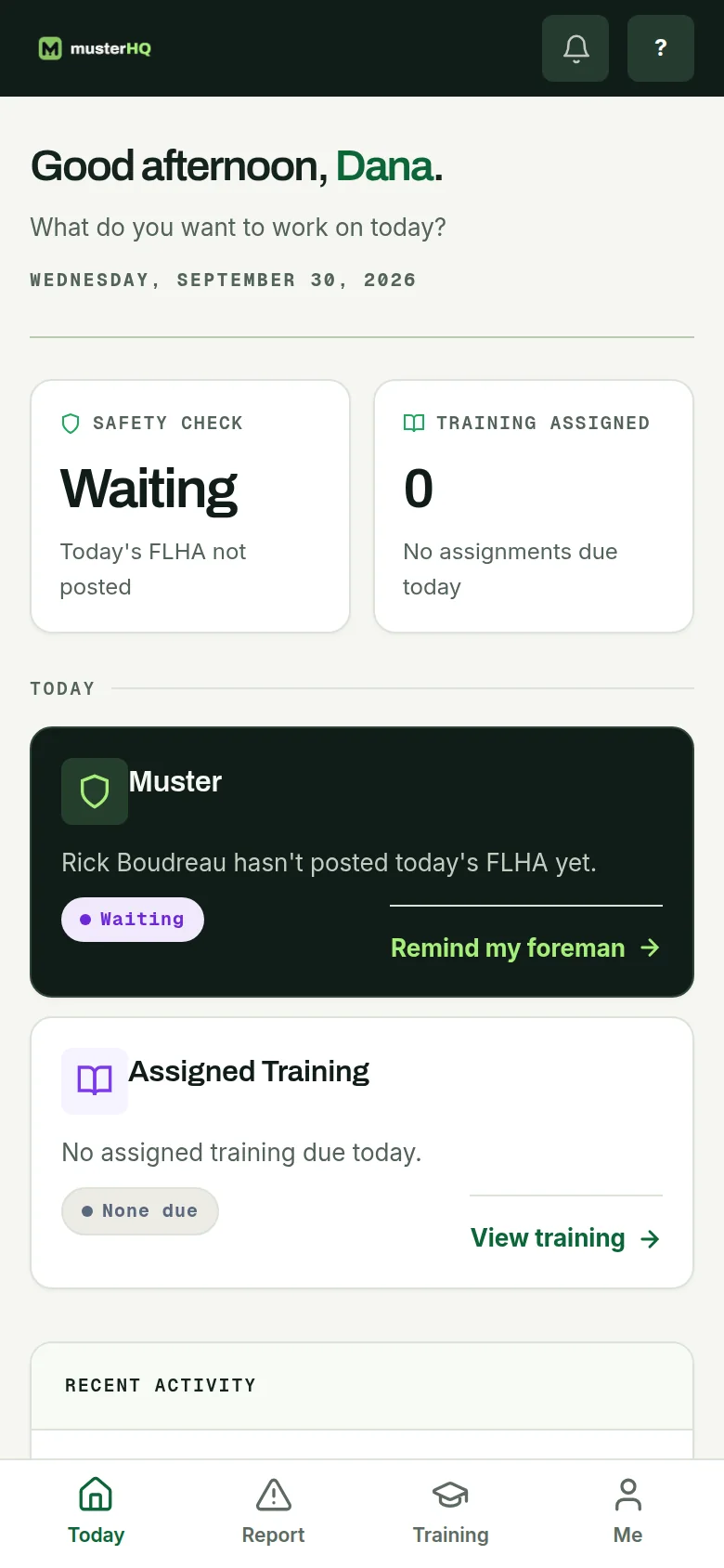 MusterHQ worker home screen on a phone, showing the safety check status and the day’s FLHA.